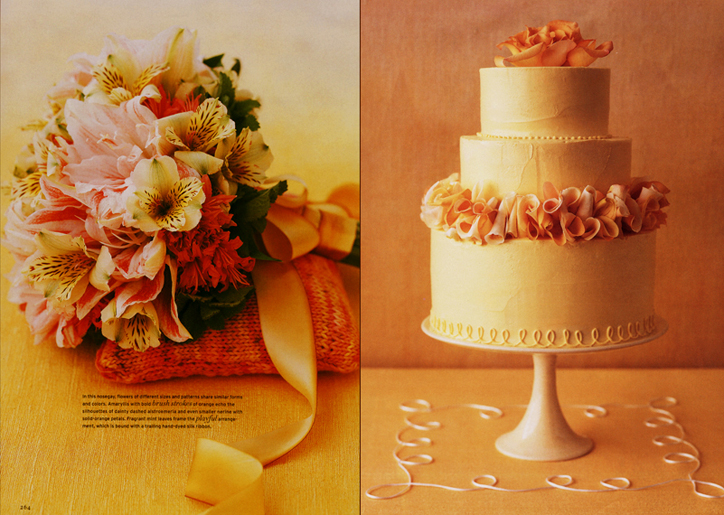 Martha Stewart Weddings Orange and Yellow Wedding Bouquet Flowers and Martha Stewart Weddings Yellow Rose Wedding Cake 