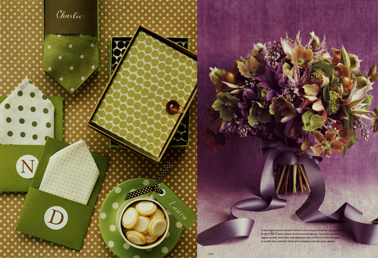 Martha Stewart Weddings Green and Brown Polka Dot Favors and Martha Stewart Weddings Purple Flower Bouquet 
