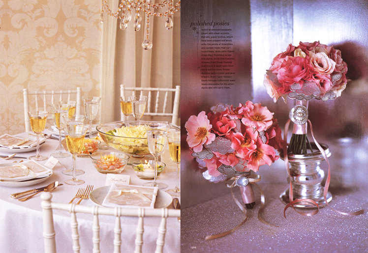 Martha Stewart Weddings White Tablesettings Reception Dhalias and Martha Stewart Weddings Pink Rose Bridesmaids Floral Bouquets
