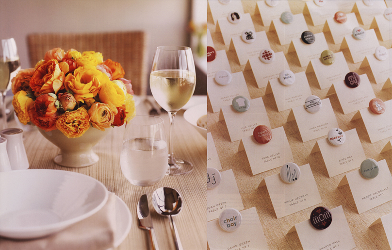William Sonoma Bride and Groom Entertaining Book Flower Renunculus Tablesetting and Martha Stewart Weddings Favor Button and Placecards